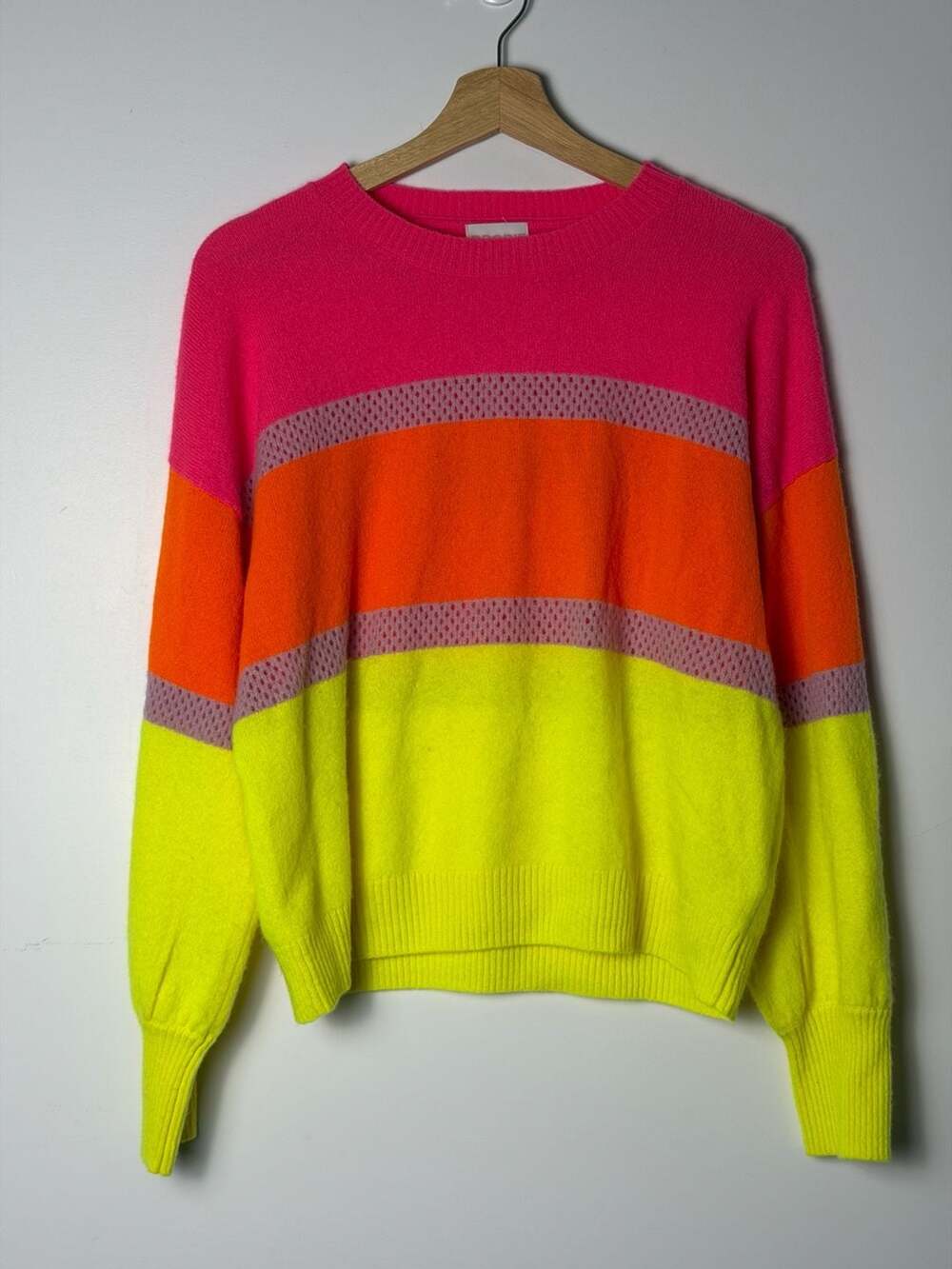 Brodie Cashmere Colorblock Sweater Pink, Orange, and Yellow Sweater